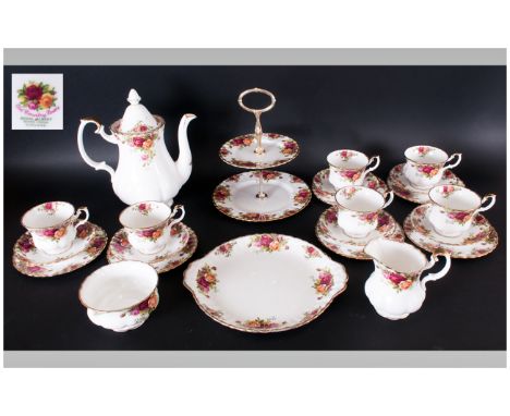 Royal Albert Bone China ( 23 ) Piece Tea Service. c.1970's.  ' Old Country Rose ' Pattern. Comprises 2 Tier Cake Stand, 6 Tri