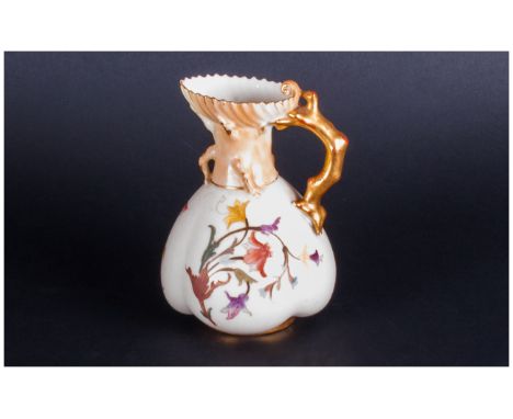 Royal Worcester Handpainted Ivory Ground And Floral Jug with gold naturalistic handle. Date 1891. 5'' in height, excellent co