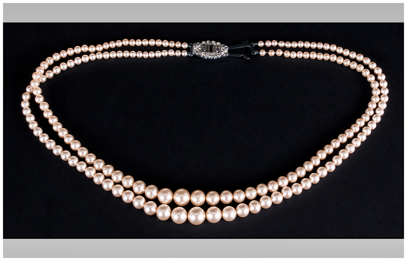 Lotus Double Strand Pearl Necklace. c.1950's. With Original Box. 18