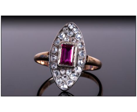Early 19th Century Ruby & Diamond Cluster Ring Marquise Shaped. Marked 18ct. Ruby of good colour.