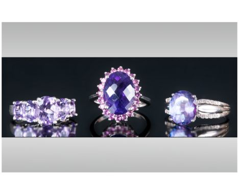 A Trio Of Good Quality Silver Set Amethyst Ladies Dress Rings, the faceted Amethysts of good colour & quality. All rings full