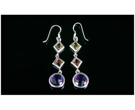 Amethyst, Citrine and Peridot Triple Drop Earrings, a 3.5ct round cut amethyst set below a square cut citrine, then a square 