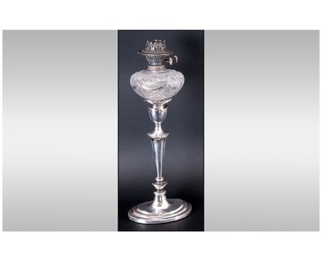 Victorian - Early Silver Plated and Cut Glass Twin Wicks Oil Table Lamp. c.1890's. By Evered & Co. Duplex with Burner. Stands