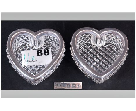 Victorian Pair Of Heart Shaped Silver Rimmed & Cut Glas Trinket Dishes, hallmarked Birmingham 1900. 2'' in diameter.