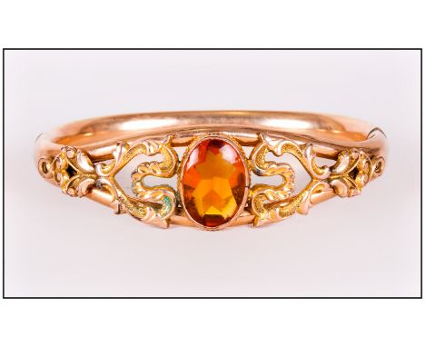 Antique Bates B - Ornate 9ct Gold Filled and Smoky Topaz Set Hinged Bangle. 22 grams. 