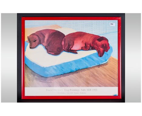A David Hockney Gallery Poster from Salts Mill 1995 of two reclining dogs. Glazed in contemporary red frame. 27 by 23 inches.