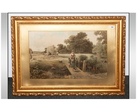Coloured Print In Gilt Gesso Frame, Glazed depicting an Idyllic country scene harvesting with figures. 32x28''