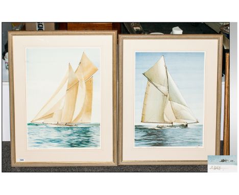 Alastair D. Houston Marine Artist Pencil Signed - Pair of Ltd Edition and Numbered Coloured Prints. Yachts at Sea, Named The 