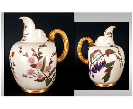 Royal Worcester Hand Painted Ivory Ground Floral Decorated Jug with Brushed Gold Handle. Date 1892. Shape 1094. Stands 7.25 I