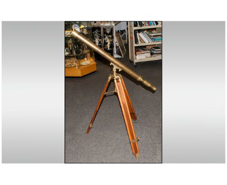A Large Brass Telescope with Attachments on a Wood Tripod Folding Travelling Stand with Adjustments. Telescope 39 Inches Leng
