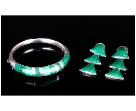 French 1950's Silver and Green Malachite Set Hinged Bangle with Matching Pair of Drop Earrings. Marked 925. 