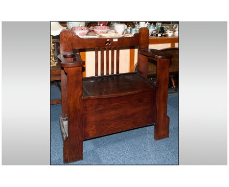 Arts And Crafts possibly Glasgow School Oak Hall Bench, Hinged Seat Between Two Open Arm Rests With Drip Trays. 