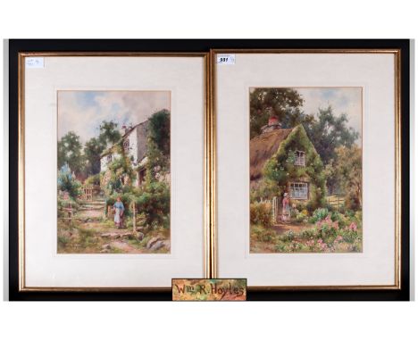 William R Hoyes Pair Of Fine Quality Watercolours Depicting Ladies In Country Cottage Gardens executed in bright fresh colour