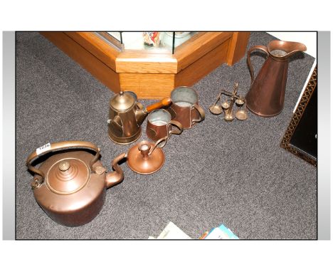 Assorted Collection of Brass and Copper Items. Includes - Copper Kettle, Miniature Brass Scales, 4 Copper Jugs, Candle Stick 