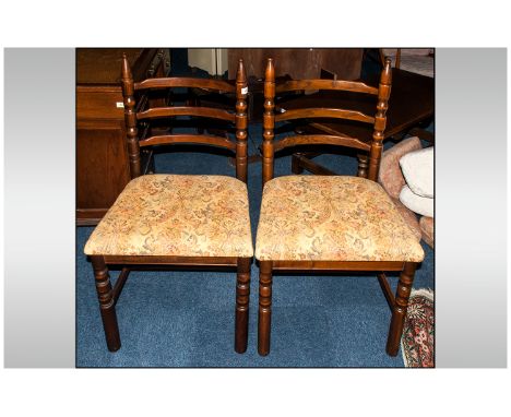 Pair of Stained Beech Ladder Back Type Stand Chairs, with Turned Spindle Supports to the back, With upholstered Seats.