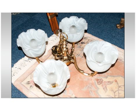 Victorian Brass Four Branch Ceiling Light. Moulded Acanthus Decoration With Pearl Glass Shades. 