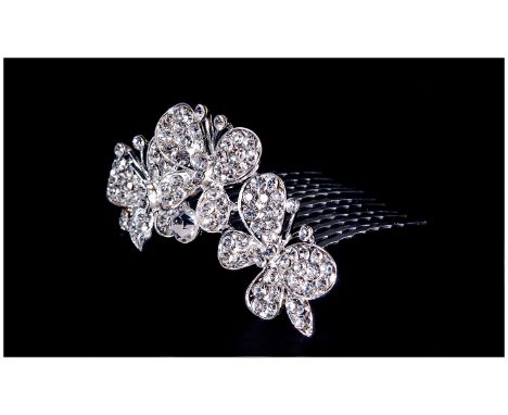 White Austrian Crystal Butterfly Hair Comb, the three butterflies forming an arched piece, 2.75 inches wide, at right angles 