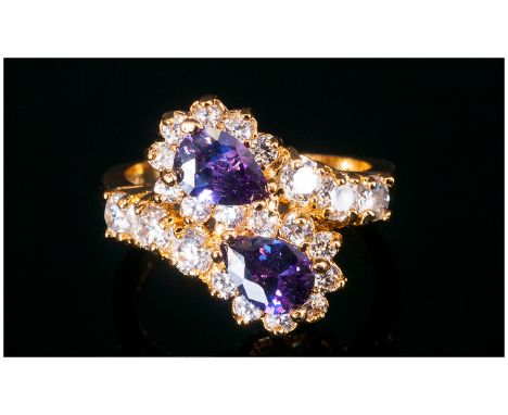 Ladies 14ct Gold Set Amethyst and Diamond Cluster Ring. The Two Heart Shaped Amethysts of Excellent Colour, Surrounded by 22 