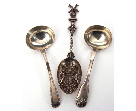 Mixed Lot: George III sauce ladle in double struck threaded Fiddle pattern with oval bowl, London 1801 by William Eley &amp; 