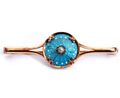 Enamel and pearl set brooch, the circular light blue and white dot guilloche enamel, a spider's web design, centring a raised