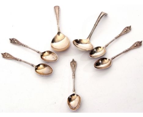 Set of five late Victorian coffee spoons with mask embossed cast handles, foliate engraved backs to the bowl, London 1896, by