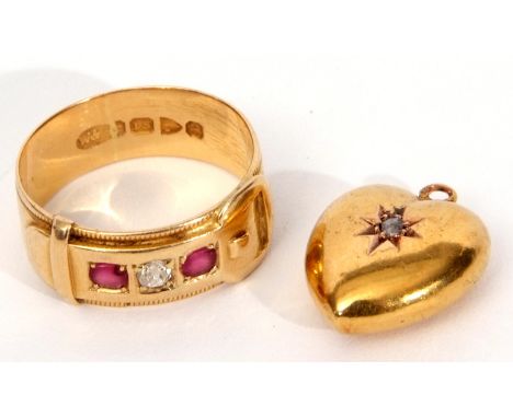 Mixed Lot: late 19th century 18ct gold, ruby and diamond buckle ring featuring an old cut diamond set between two circular cu