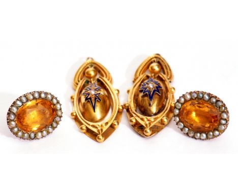 Mixed Lot: pair of antique gilt metal and enamel earrings and a pair of citrine and seed pearl earrings (a/f) (2)