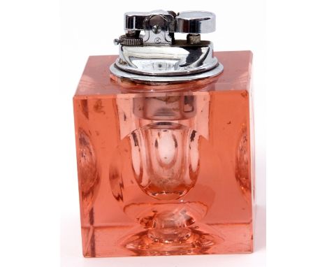 Mid-20th century pink glass and chromium table lighter of cuboid form, having dimpled sides, 7cm wide x 9.5cm tall overall  