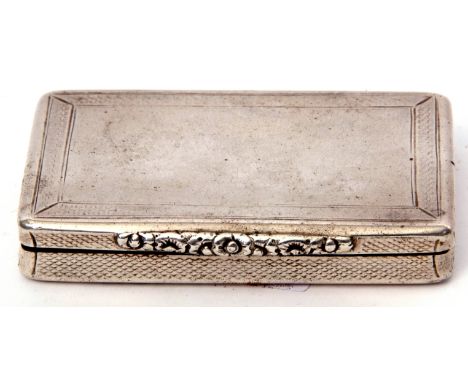 Victorian large rectangular snuff box with rounded and concave edges, worn engine turned decoration to all sides, the hinged 