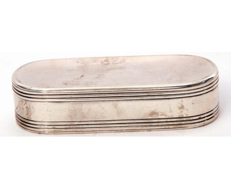 George III snuff box of shaped oval form, having reeded bands to base and the hinged lid, which opens to reveal a gilt interi