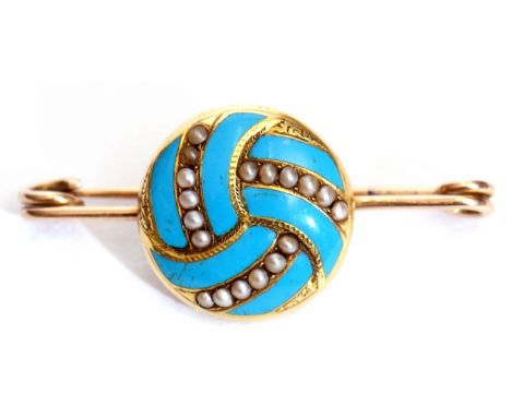 Antique turquoise enamel and seed pearl pin brooch, the circular panel with sections of turquoise blue enamel highlighted wit