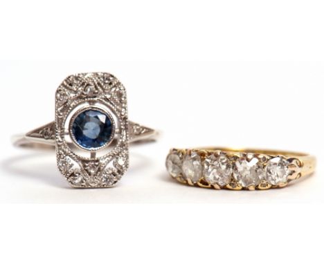 Mixed Lot: antique five-stone diamond ring, approx 1ct, stamped 18, size I/J, together with an Art Deco style blue stone and 