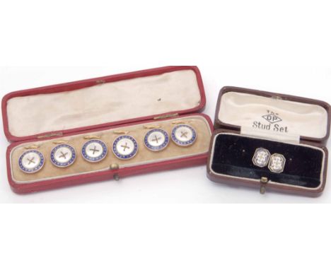 Mixed Lot: set of six antique mother of pearl and enamel gent's dress shirt studs (cased), together with two gilt metal and e