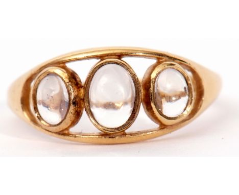 Moonstone ring, stamped 750, featuring three oval cabochon moonstones in collet settings in an open work design, size Q, gros
