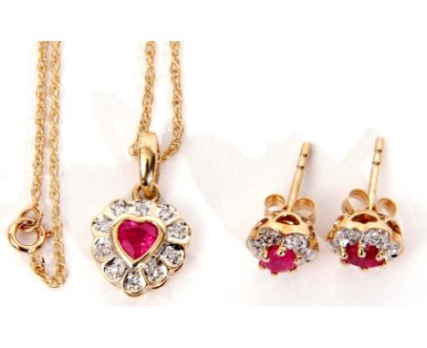 Mixed Lot: ruby and diamond pendant, the heart shaped ruby raised within a small diamond surround, suspended from a fancy lin