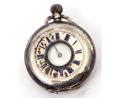 Last quarter of 19th/first quarter of 20th century Continental white metal cased fob watch of half hunter design, blue Roman 