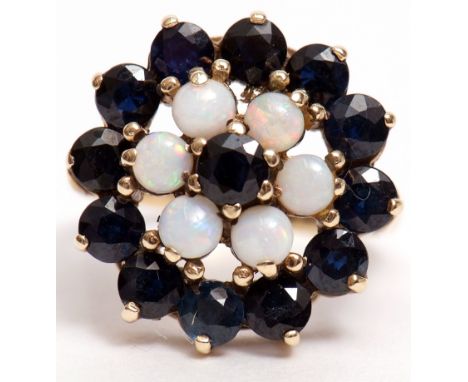 9ct gold sapphire and opal cluster ring, basket mount, hallmarked London 1975, size O  