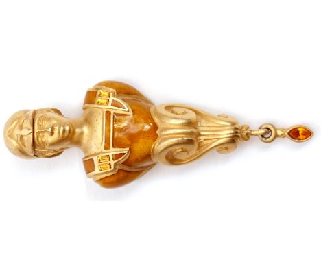 Gilt metal and enamel "Liberty" centurion brooch, the body decorated in yellow translucent amber coloured enamel, with paste 