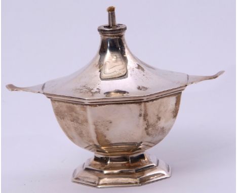 George V table lighter of hexagonal baluster form with a octagonal hollow foot and with two lug handles, Birmingham 1930, pro