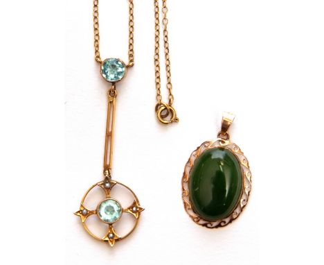 Mixed Lot: oval jade pendant in a 10K stamped frame, together with a 9ct stamped open work pendant, blue stone and seed pearl