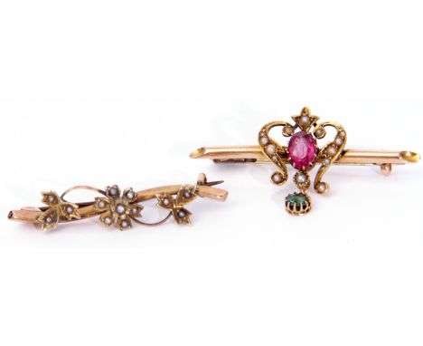 Mixed Lot: 9ct gold floral spray seed pearl brooch, Chester 1905, together with a 15 stamped brooch centring an oval pink sto