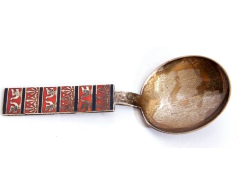 Late 20th century Russian white metal and enamelled small caddy spoon with circular bowl, the enamelled handle with Egyptian 