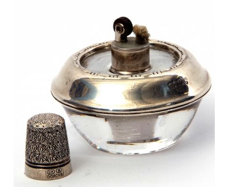 Early 20th century moulded glass and white metal applied small table lighter, stamped "Amston, Sterling" and now having a met