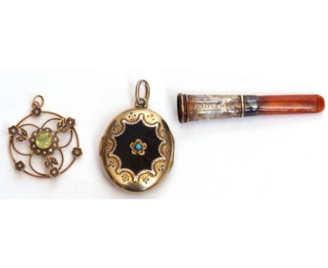 Mixed Lot: yellow metal open work pendant centring a circular peridot and highlighted with small seed pearls, 2cm diam, an ov