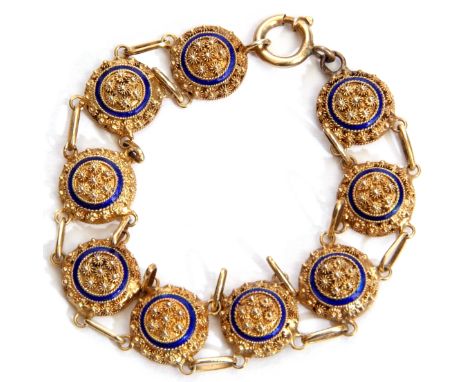 Vintage Portuguese silver gilt and enamel bracelet, a design featuring nine joined circular filigree links with translucent b