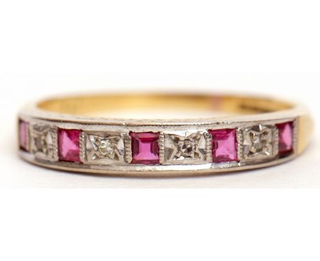 18ct gold diamond and ruby half eternity ring, alternate set with calibre cut rubies and small single cut diamonds, size O