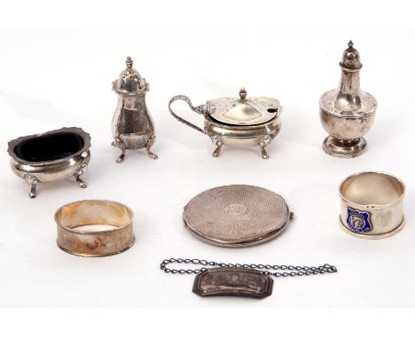 Mixed Lot: three piece Elizabeth II condiment set of oval shape with card cut rims comprising mustard and liner, salt and lin