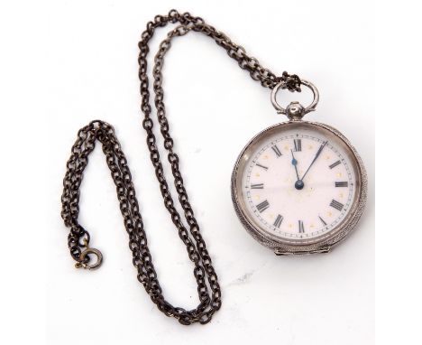 Last quarter of 19th century Continental white metal cased fob watch, blued steel hands to a pink tinged and gilt decorated e