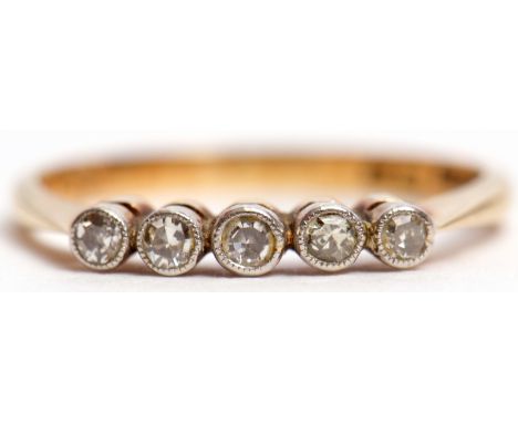 Five stone diamond ring featuring 5 small diamonds, individually bezel set, stamped 18ct and Pt, size L