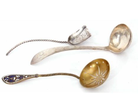 Mixed Lot: comprising an Edward VII Old English point pattern sauce ladle with circular bowl, initialled, length 15.5cm, Lond